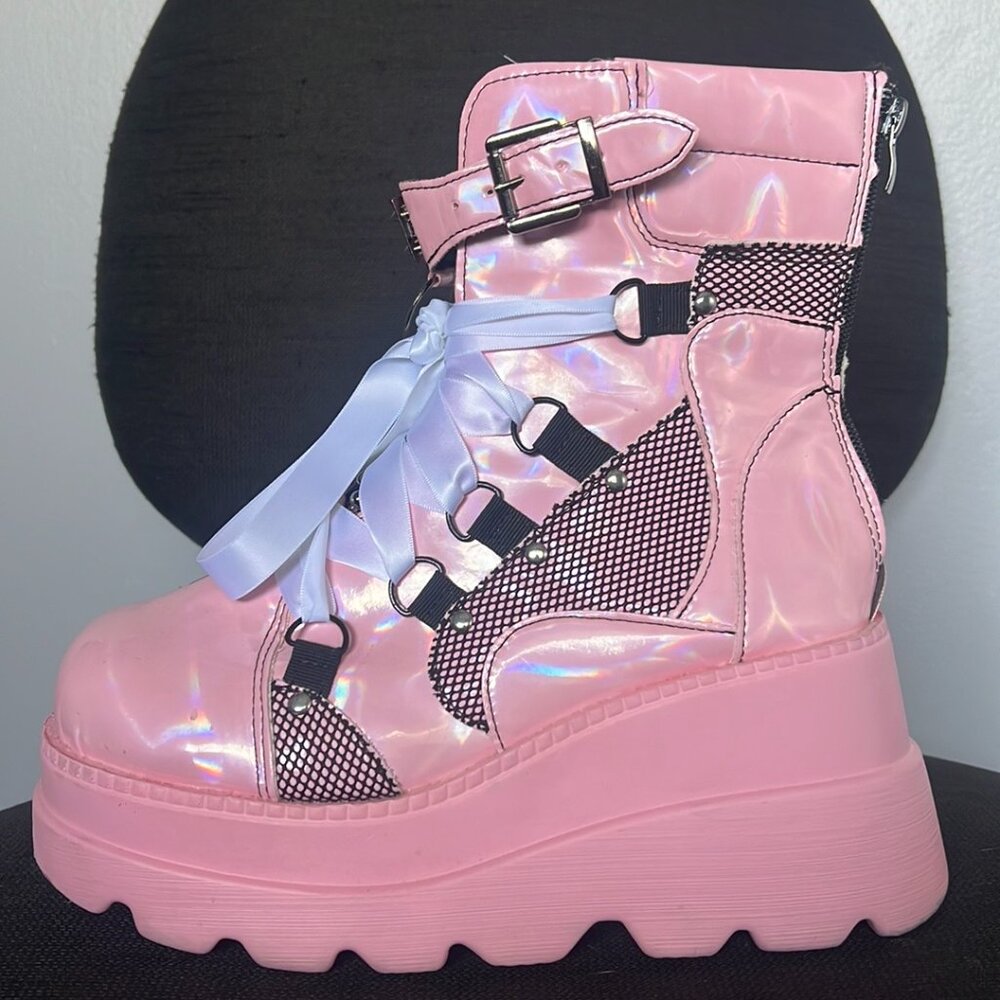 Pink Women Gothic Platform Boots Combat Chunky Punk Rave- Size 8.5